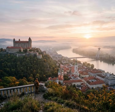 Solo traveler overlooking Bratislava Castle and Danube River at foggy sunrise