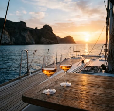 Two wine glasses at sunset on the teak deck of a private feeling cruise in Milos
