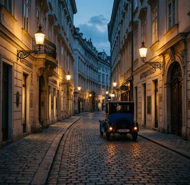 Dark vintage car driving alone down lamplit cobblestone Vienna street at night