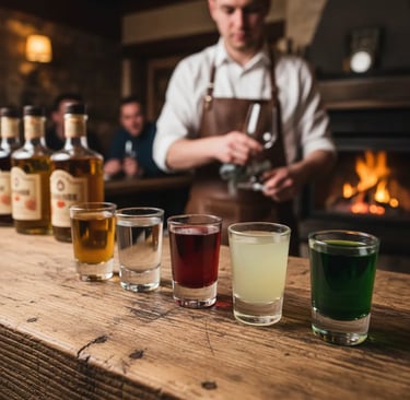 Bartender preparing shot flights at a lively après ski bar in St. Anton ski resort nightlife.