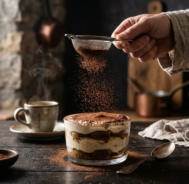 Hand dusting cocoa powder over authentic Italian Tiramisu with steaming espresso cup beside it