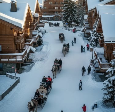 An aerial view of multiple horse-drawn carriages traveling down a snow-covered street in a cozy alpi