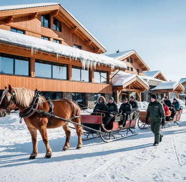 A close-up of a horse and red sleigh parked in front of a rustic wooden mountain lodge with large ic