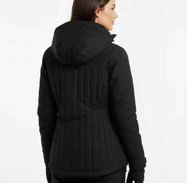 Back view of a waterproof insulated black Columbia ski jacket showing the technical quilted design.