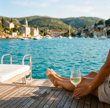 Bare feet and a glass of white wine on a luxury boat deck above turquoise Adriatic water