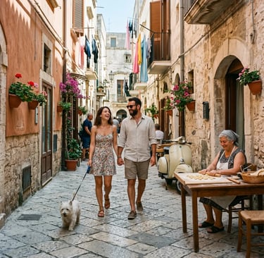 Laughing couple walks dog through Bari old town as nonna makes orecchiette pasta outside.