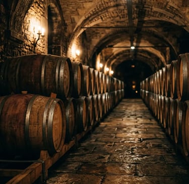 French oak barrels aging in a stone cellar corridor with warm amber lighting
