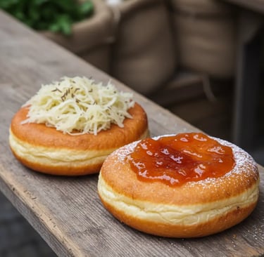 Two traditional Austrian donuts (Krapfen), one topped with shredded cheese and one with jam, served 