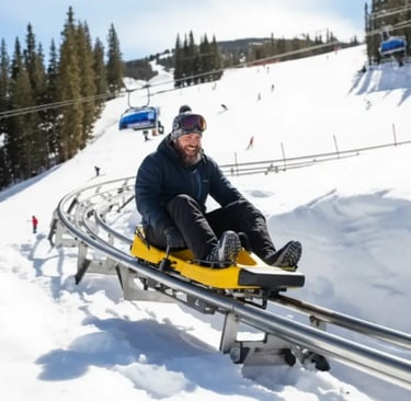 A man in a dark winter jacket smiling while riding a yellow mountain coaster down a snowy slope with