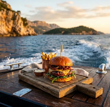 Gourmet beef burger on wooden board served on speedboat deck along the Adriatic coastline
