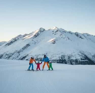 Parents and children enjoying a family-friendly skiing holiday on a sunny mountain slope.