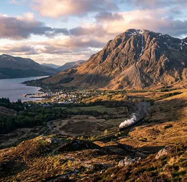 Jacobite Steam Train passing below Ben Nevis at golden hour with Fort William and loch beyond