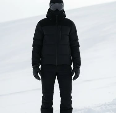 Woman in all-black insulated waterproof ski outfit standing in snow.