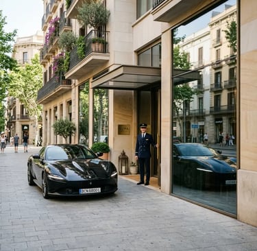 Black Ferrari parked at a Barcelona boutique hotel entrance with concierge ready for pickup
