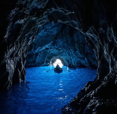 Blue Grotto Capri interior with rowboats in glowing cobalt water, Grotta Azzurra