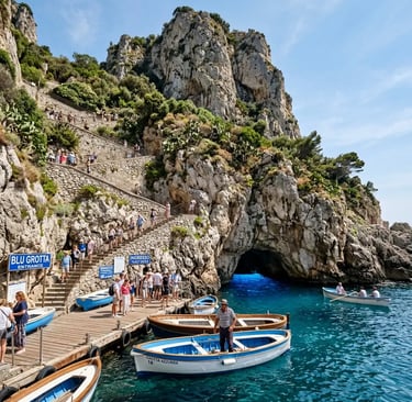 Blue Grotto land entrance on Capri with staircase, rowboats and visitors waiting in queue