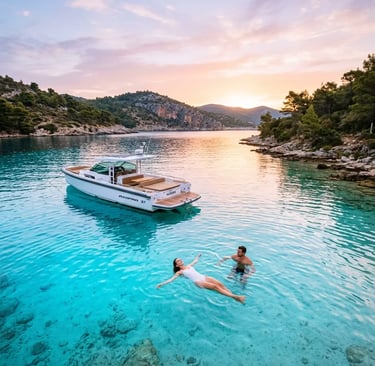 Luxury speedboat anchored in turquoise bay on a 4 islands tour Croatia at sunrise