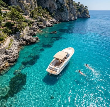 White boat anchored in turquoise water by Capri cliffs with two swimmers nearby