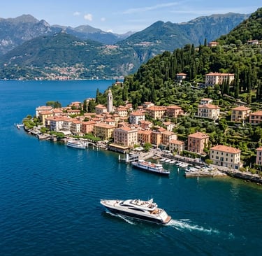 Aerial view of private luxury boat approaching Bellagio promontory on Lake Como