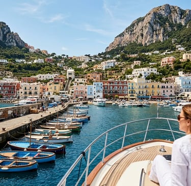 Luxury boat approaching Capri Marina Grande with colorful harbor buildings and limestone cliffs