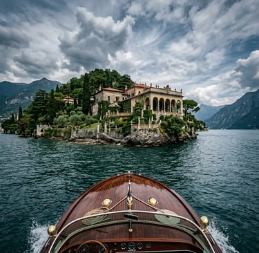 Private mahogany boat approaching Villa del Balbianello promontory Lake Como