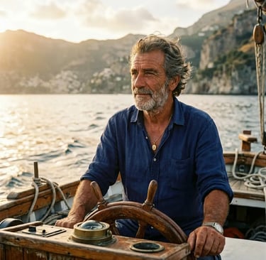 Local Capri skipper steering traditional wooden gozzo boat at sunset along the island coastline