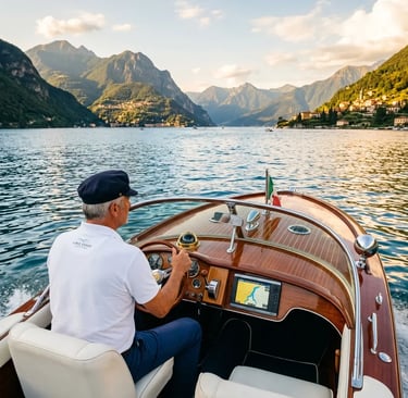 Dedicated captain steering classic wooden luxury boat through Centro Lago at golden hour