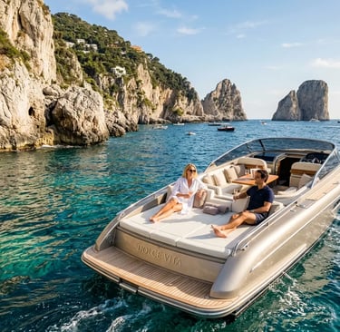 Couple relaxing on private boat tour along Capri cliffs with Faraglioni rocks and turquoise water