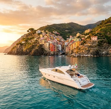 Luxury private yacht anchored near Cinque Terre colorful village at sunset