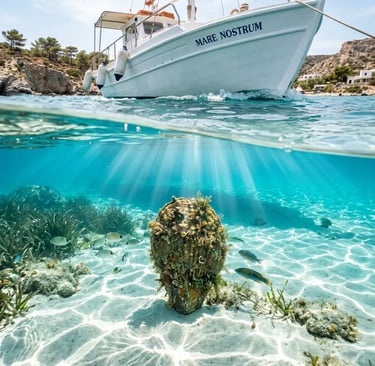 Split-shot of boat hull and Pinna nobilis shell on sandy seabed in crystal clear water