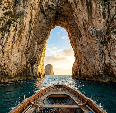Wooden boat passing through Faraglioni arch on a Capri private boat tour at golden hour