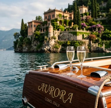 Two prosecco glasses on polished mahogany boat stern with Lake Como villa backdrop