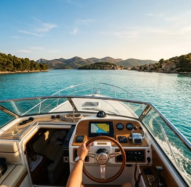 Skipper navigating private motorboat toward Croatian islands on calm Adriatic Sea