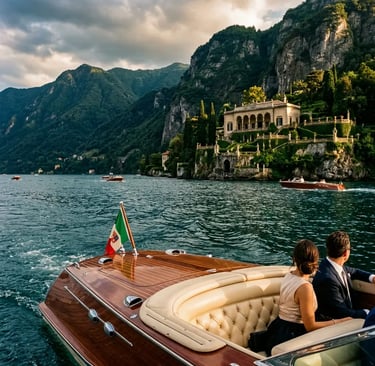  Historic wooden boat moored at ancient stone steps in Torno village on Lake Como Italy