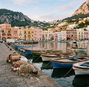 Traditional wooden boats moored at Marina Grande Capri with pastel harbor buildings behind