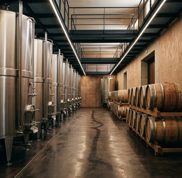 Bodega Torres cellar with stainless steel fermentation tanks and oak barrels in Pene