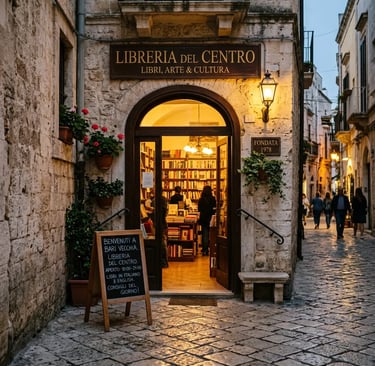 Warm lit bookstore entrance on a cobblestone street in Bari old town at dusk