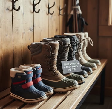 Various sizes of winter snow boots lined up on a wooden bench in a cozy ski lodge entryway.