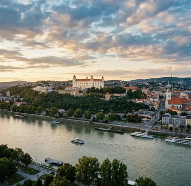 Aerial view of Bratislava Castle on a hill above the Danube River at sunset