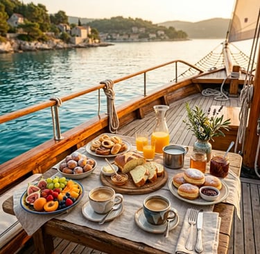 Fresh breakfast served on wooden gulet deck with Adriatic Sea view near Split Croatia