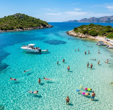 Tourists swimming and snorkelling in turquoise water at Budikovac Blue Lagoon, Croatia