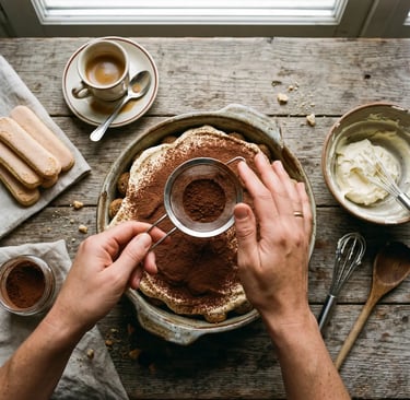 Hands dusting cocoa over homemade tiramisu with espresso and mascarpone in Puglia