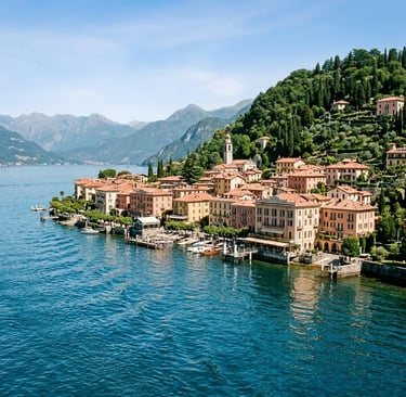 Bellagio promontory waterfront with pastel buildings and mountains seen from Lake Como boat