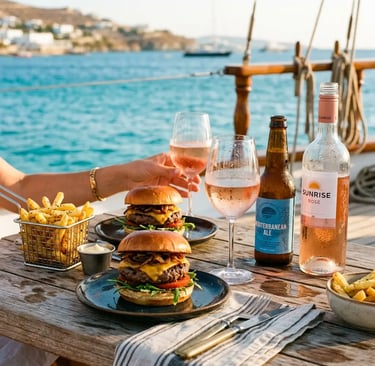 Burgers with fries and cold drinks served onboard a private boat in Croatia