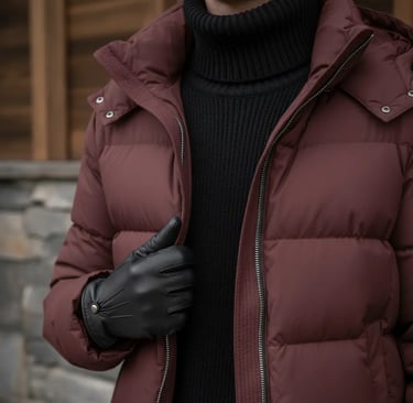 Close-up of a luxury winter outfit featuring a rich burgundy or wine-colored quilted parka over a bl