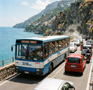 Crowded SITA bus stuck in traffic on SS163 coastal road between Positano and Amalfi