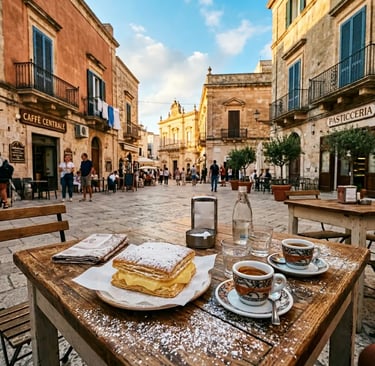 Sporcamuss pastry and espresso cups on outdoor café table in a sunlit Puglia piazza