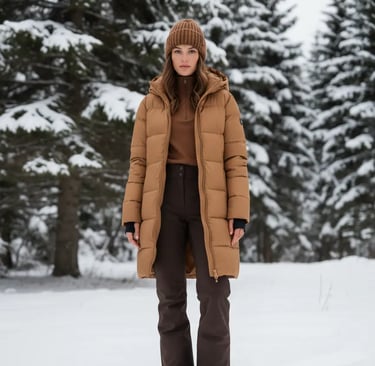 Woman wearing stylish camel puffer coat and chocolate brown ski pants standing in snowy forest.