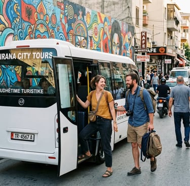 Smiling American couple boarding a Tirana City Tours minibus in Albania