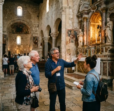 Tour guide pointing at ornate altar while explaining history to travelers in Italian church